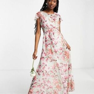 Hope & Ivy Eimear Maxi Dress Ruffle Flutter Sleeve Cream Floral Size 14 NWT